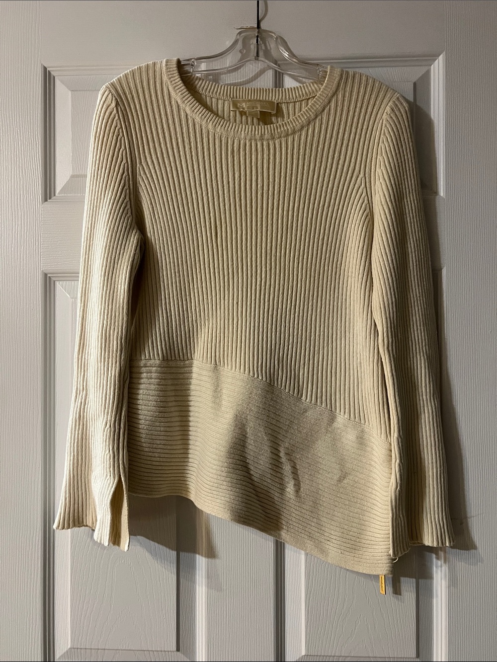 MICHAEL Michael Kors Cream Ribbed Asymmetrical Crewneck Sweater